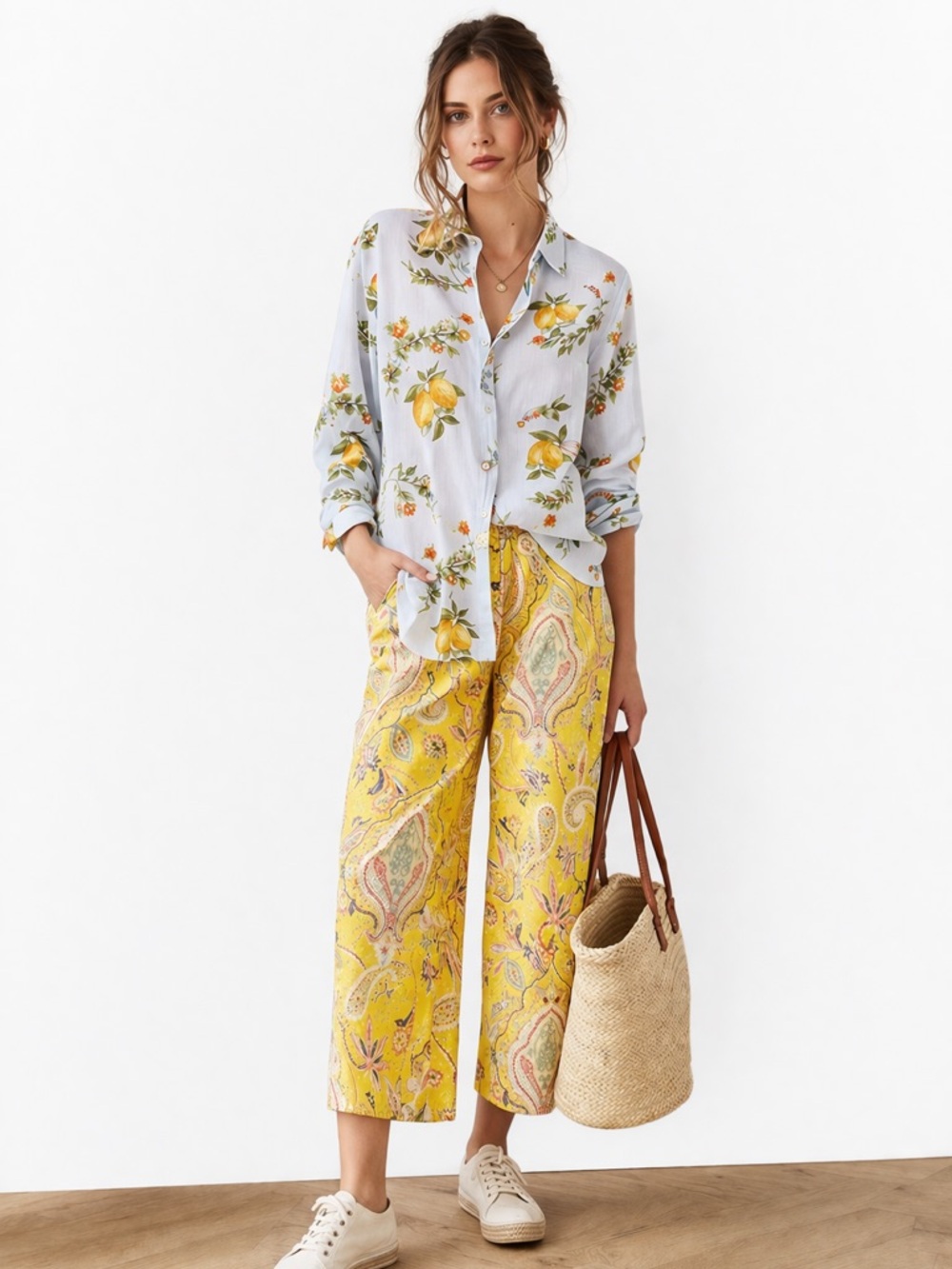 Desigual Lemon Print Button Front‎ Cotton Shirt Blue Size XS